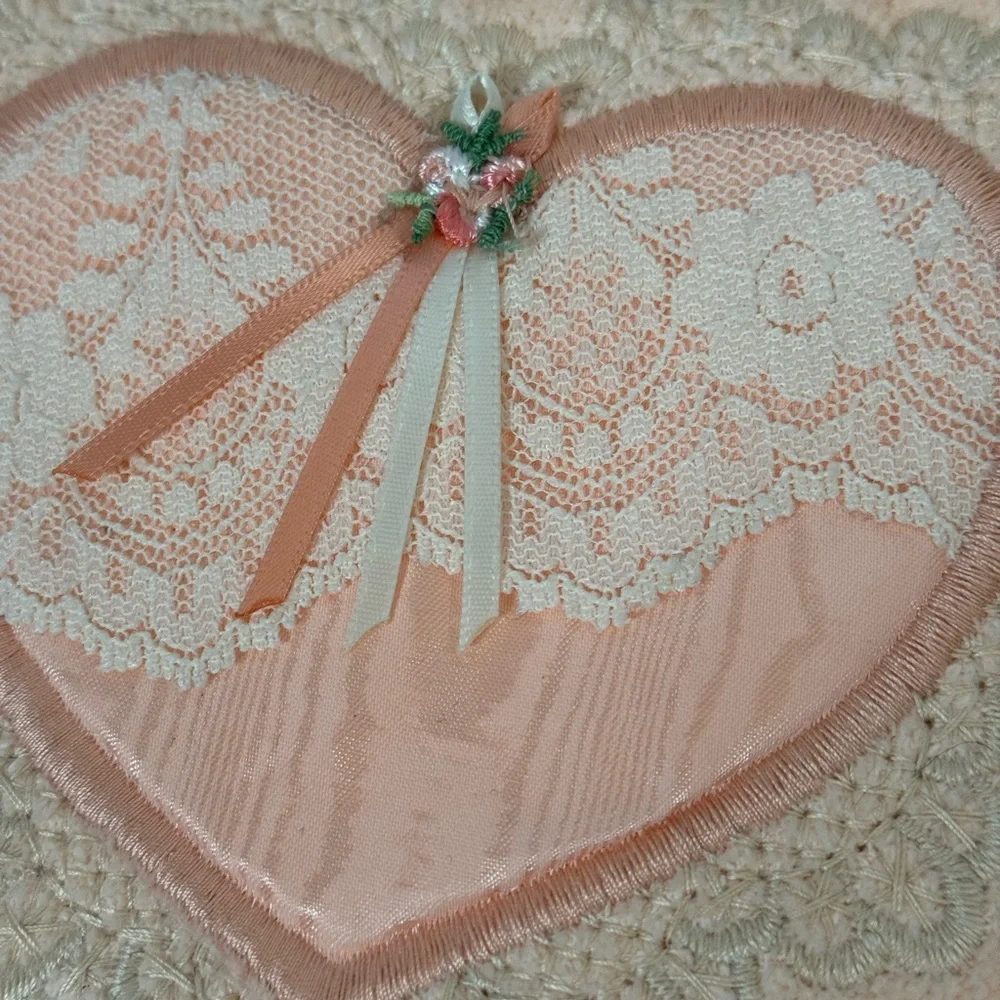 Vintage Peach Pink Lace Heart Hand Towel